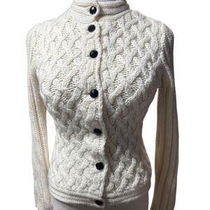 Acorn Cable Knit Cardigan Womens XS Cream Wool Blend Mock Neck Chunky Sweater